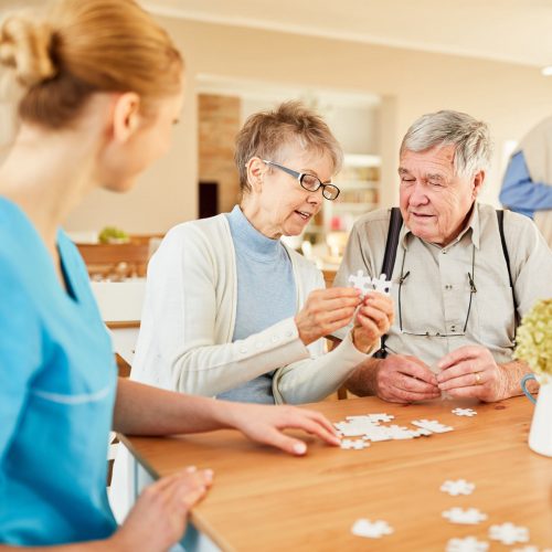 Buda Oaks | Seniors solving puzzle with associate